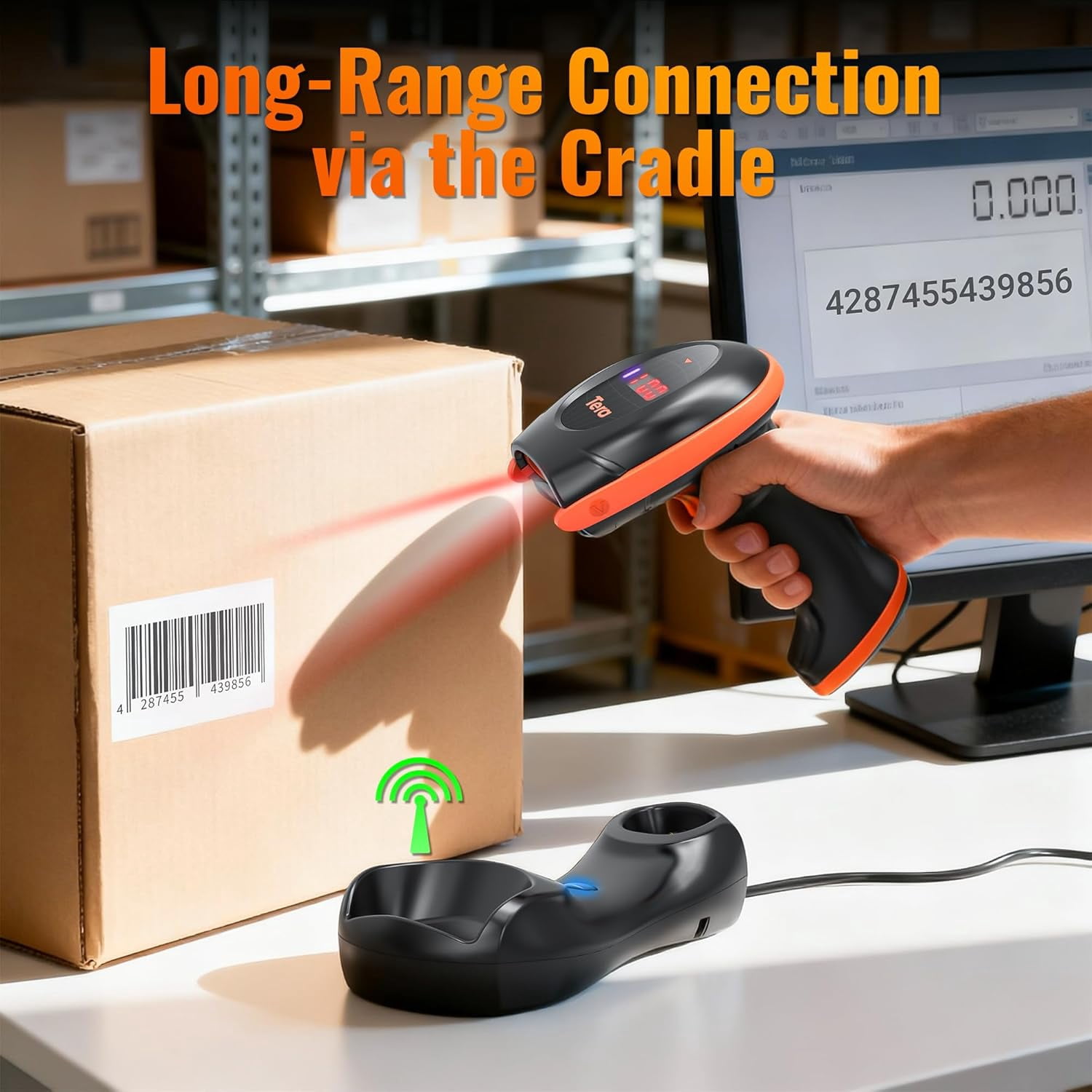 Pro Series Wireless 1D 2D QR Barcode Scanner with Cradle Display Counting Screen Extra Fast Scanning Speed Ultra High Resolution Handheld Image Bar Code Reader for Warehouse Inventory HW0008