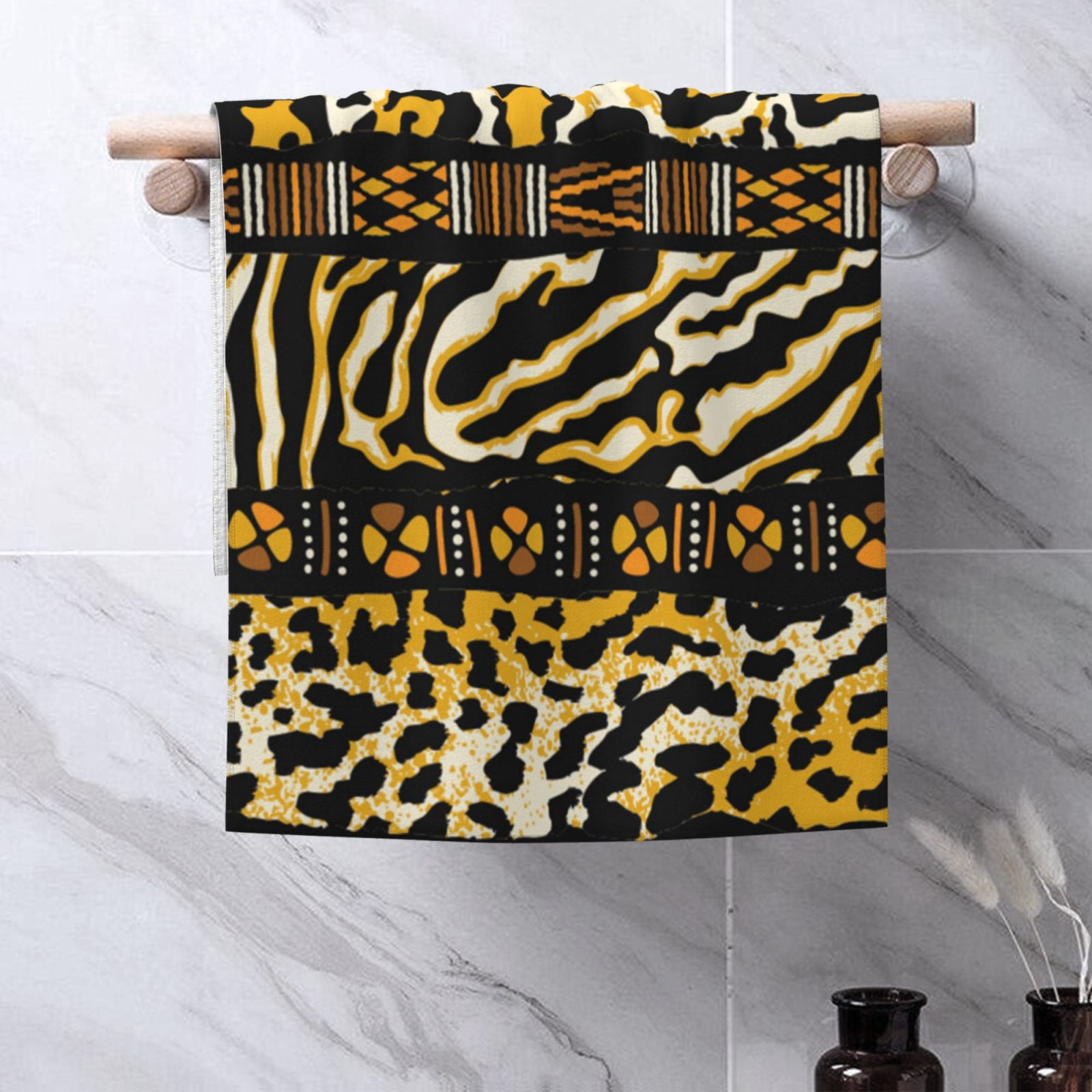 Golden Wild Animal Skins With African Tribal Motifs 27.5" x 16" Ultra Soft Hand Towel, Face Wash Cloth for Bathroom, Gym, Travel, Pool