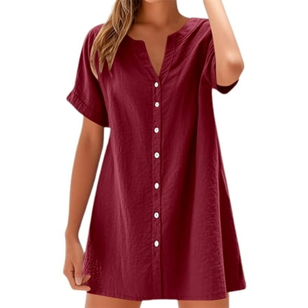 OSOLU Solid Color Casual Women Dress Short Sleeve Shirt Style With Buttoning For Everyday Wear Spring Summer Season For Relaxing Outings Versatile Sundress Flowy 2025 Elegant Classy Dresses