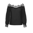 thumbnail image 3 of Off Shoulder Tops for Women Elegant Floral Lace Trim Black T-shirts Loose V Neck Long Sleeve Strappy Blouses (L, Black), 3 of 7