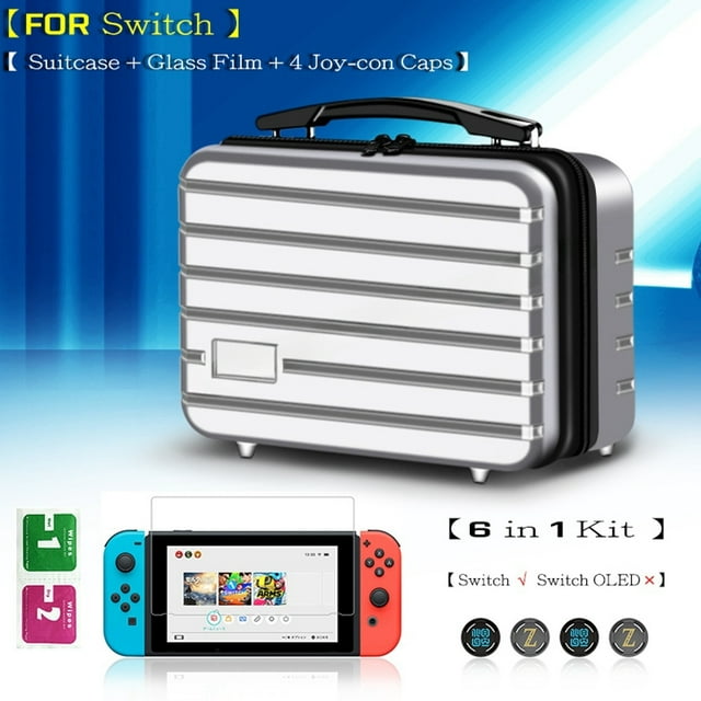 Compatible avec Nintendo Switch Étui de Voyage OLED Trousse d'Accessoires 6-en-1 Comprenant un Étui Rigide Argenté durable avec Doublure EVA Absorbant les Chocs. l'Étui Comprend un design à Compartiments Multiples pour Organiser la console Nintendo Switch, les Manettes, les Câbles et les Accessoires. Il Est Livré avec un Protecteur d'Écran en Verre Trempé et Quatre Capuchons de joystick pour une protection Accrue. l'Extérieur Imperméable ABS+PC Résiste aux Déversements et aux Égratignures, pendant Que les Cloisons Intérieures Personnalisables Tiennent Solidement l'Interrupteur OLED