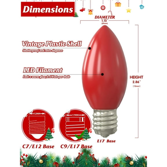 OTGFRF-C9 LED Christmas Multicolor Replacement Light Bulbs, 25 Pack Vintage Shatterproof Colored Christmas Light Bulbs, E17 Intermediate Base