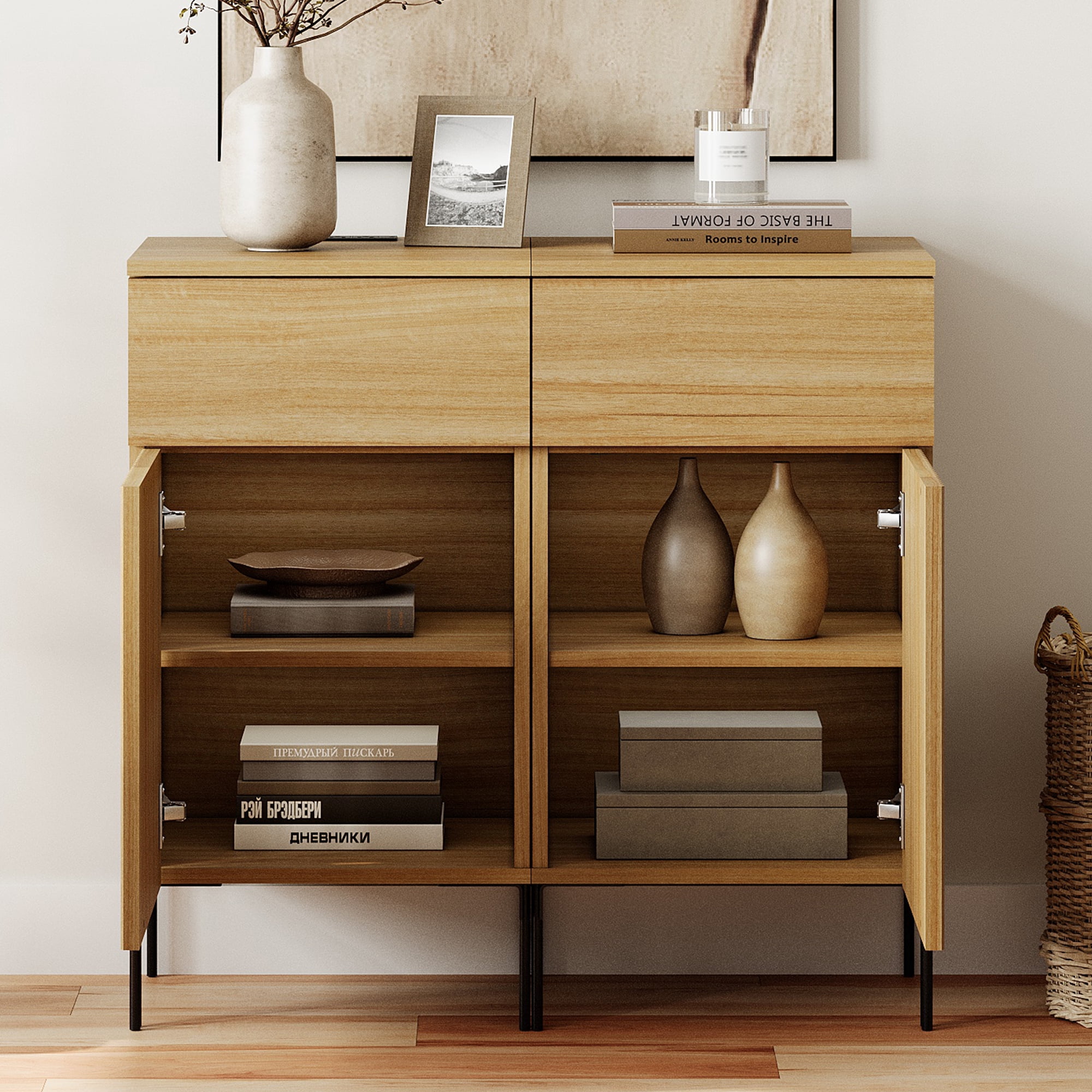 31.5" Reeded Accent Cabinet with 2 Doors and Adjustable Shelves, Modern Credenza Storage Cabinet with Charging Station for Living Room, Kitchen, Dining Room, Hallway