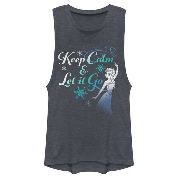 Junior's Frozen Elsa Keep Calm Festival Muscle Graphic Tee Denim Blue Heather X Large