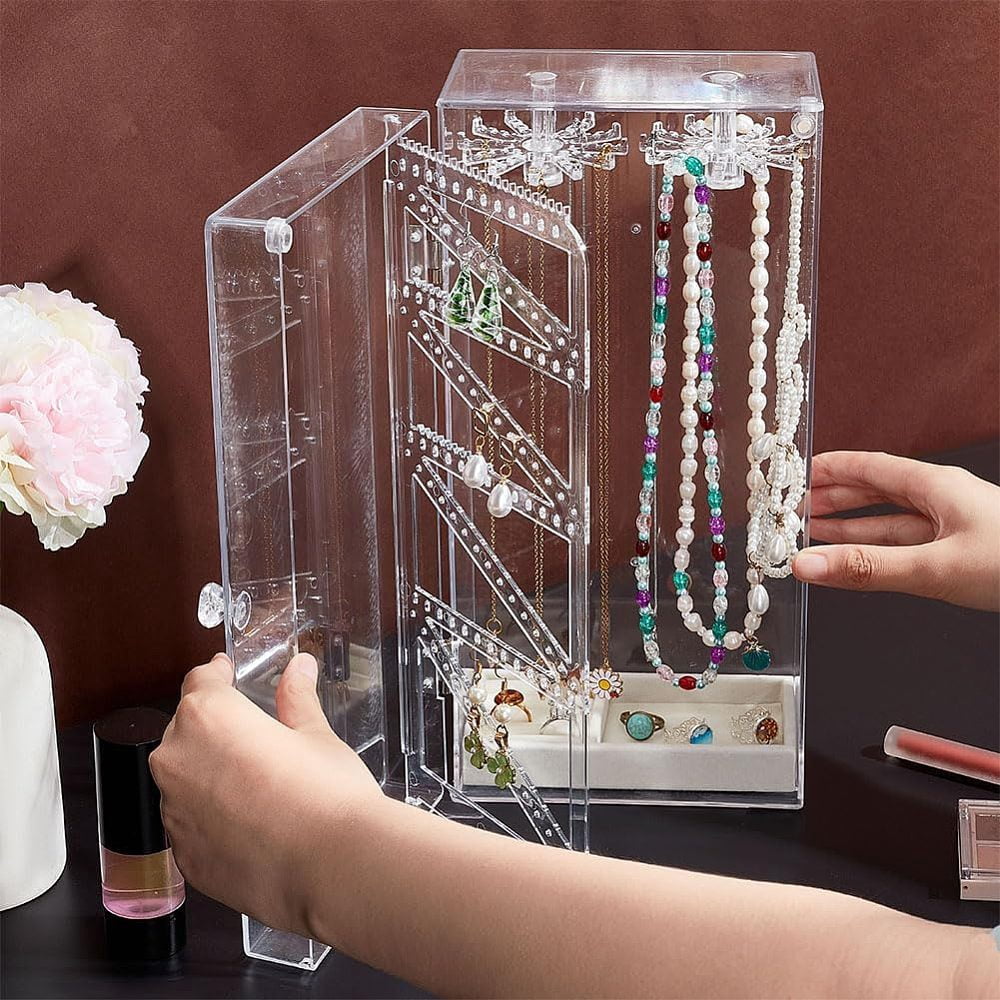 1 pc Rectangle Plastic Jewelry Organizer Storage Box with 24 Hooks 72-Slot Rotatable Hanging Necklace Holder with Dust-proof Velvet Jewelry Tray