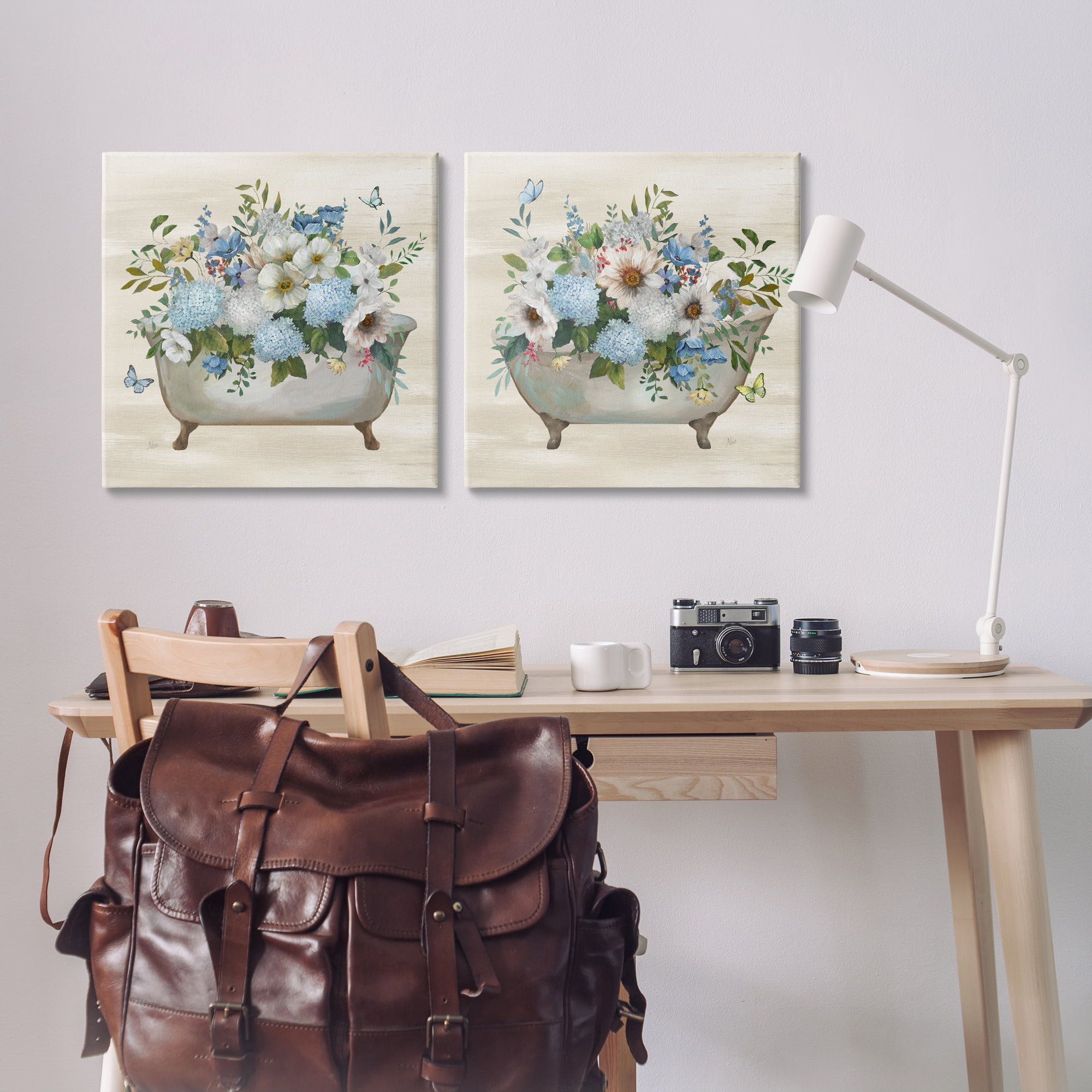 Stupell Industries Butterfly Hydrangea Bathtub Bath & Laundry Painting Wrapped Canvas Art Print Wall Art, 24 x 24, Set of 2