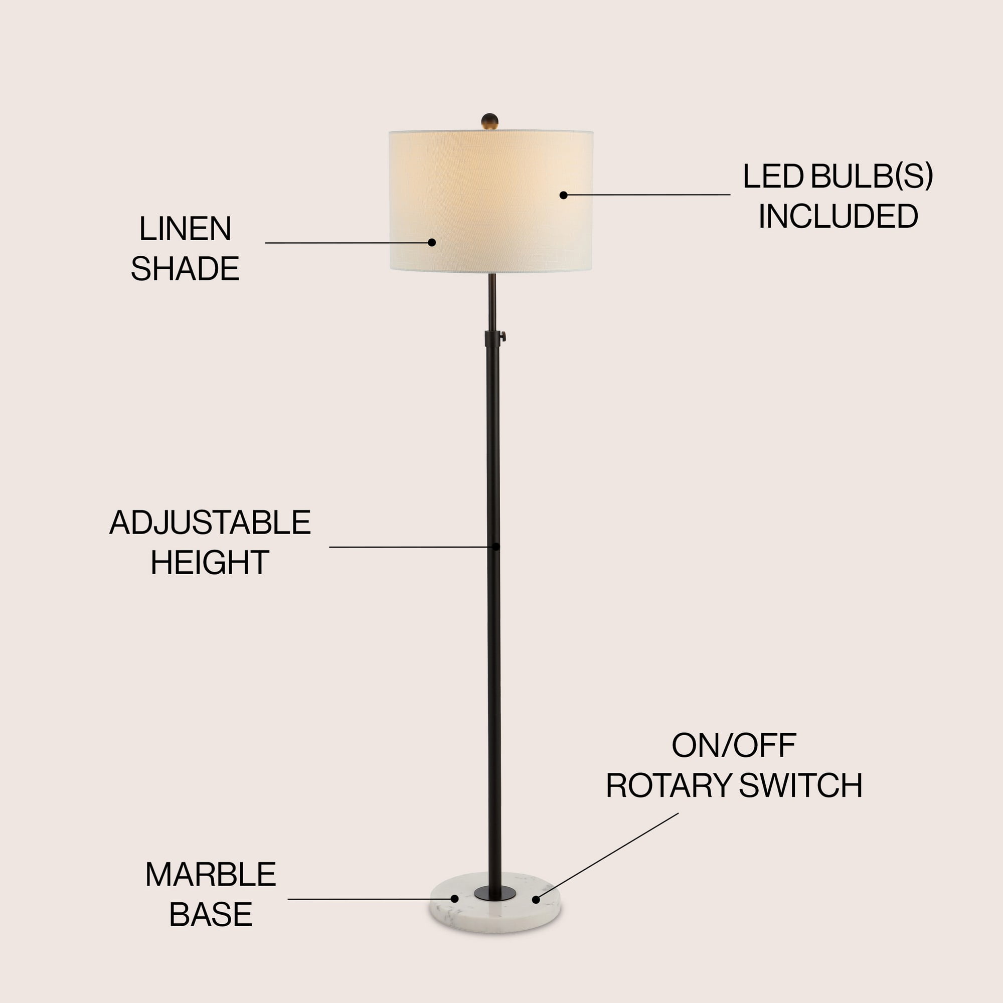 JONATHAN Y June 65" Adjustable Metal/Marble LED Floor Lamp, Oil Rubbed Bronze