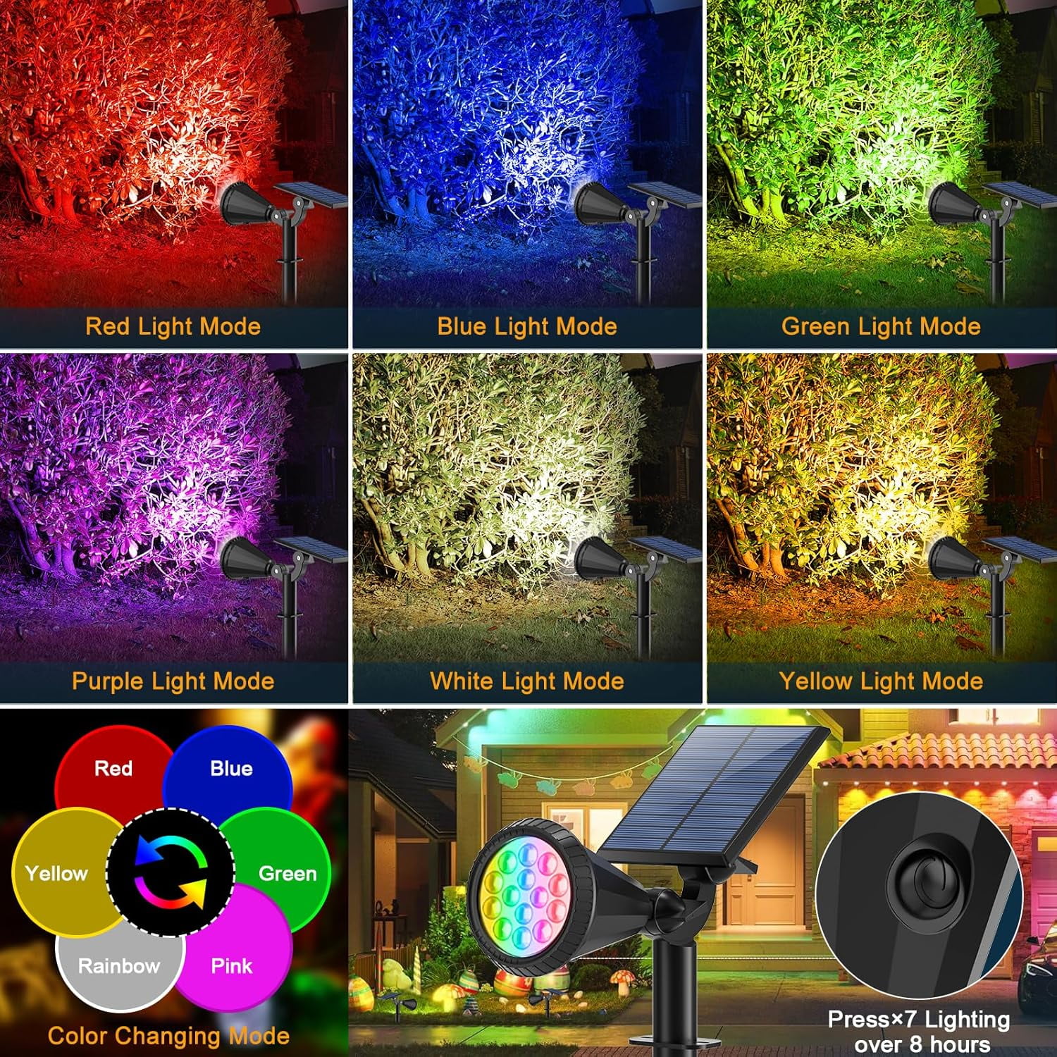 Solar Lights RGB Outdoor, 6 Pack, 7 Color Modes, 180° Adjustable Waterproof, Auto On/Off Landscape Spotlights for Yard, Garden, Pathway, Wall