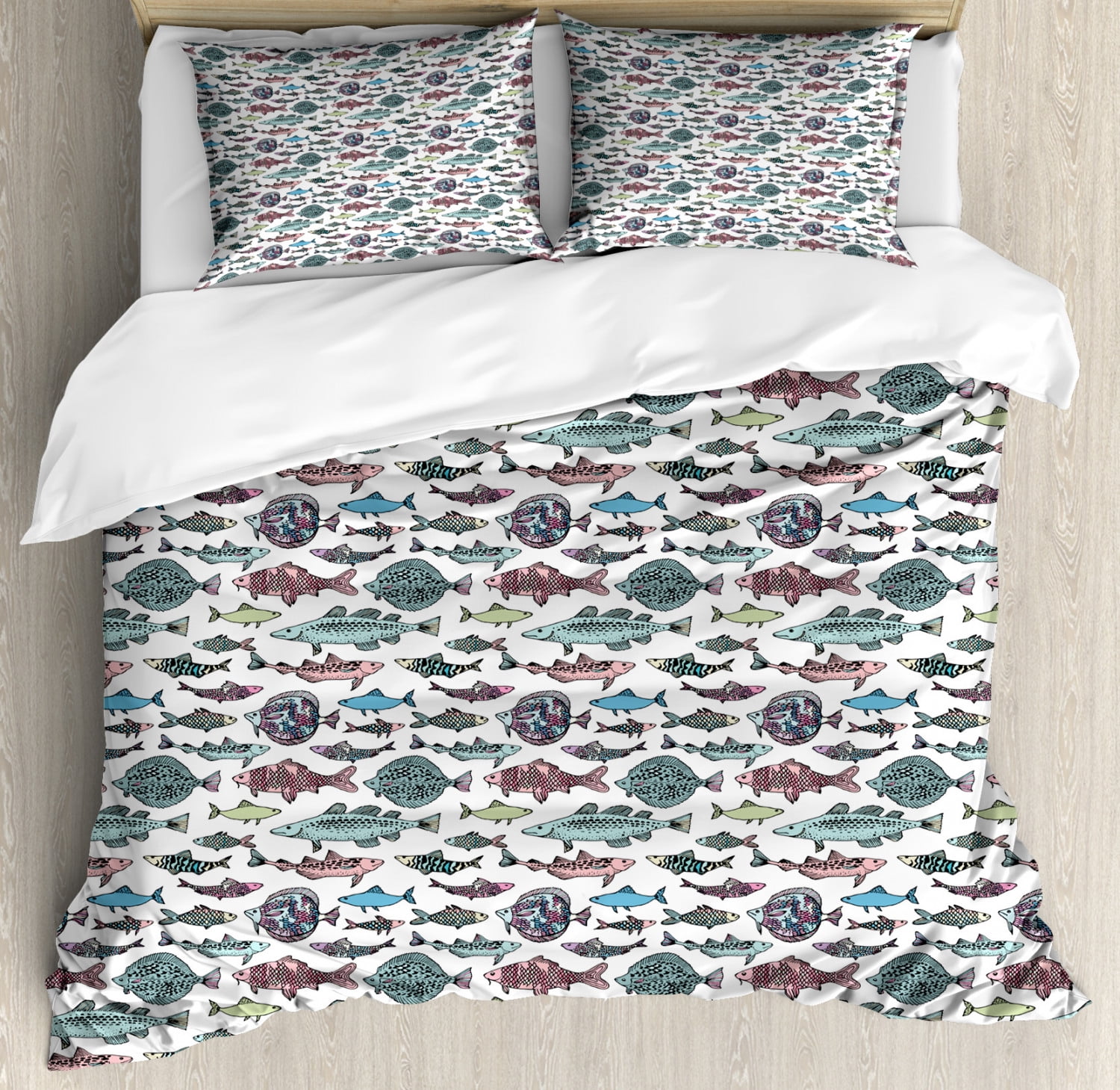 Fish Duvet Cover Set King Size Hand Drawn Fish Pattern With