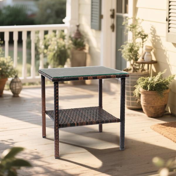 Square Double Layer Glass Top Side Table, Brown Gradient Rattan, Steel Frame, Outdoor Patio Furniture
