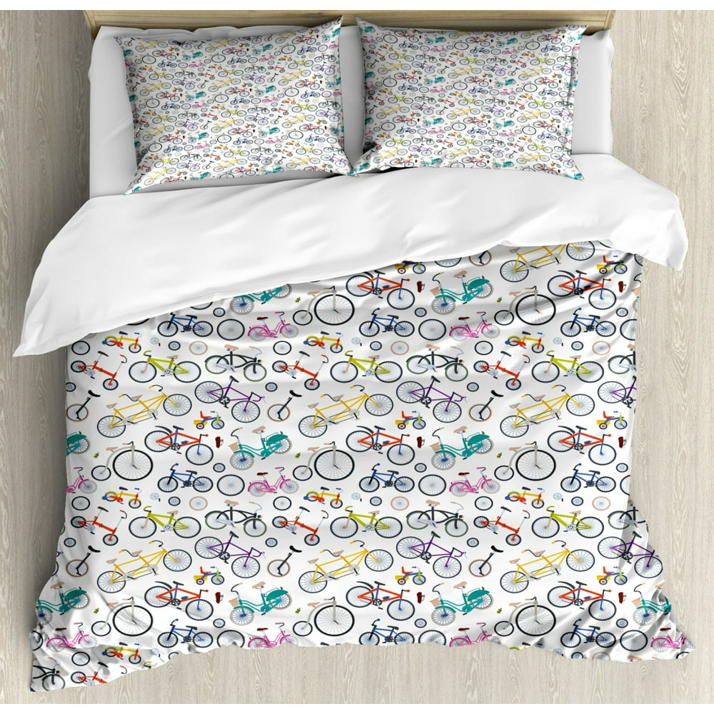 Bicycle Duvet Cover Set, Retro Style Colorful Bicycles of All Styles
