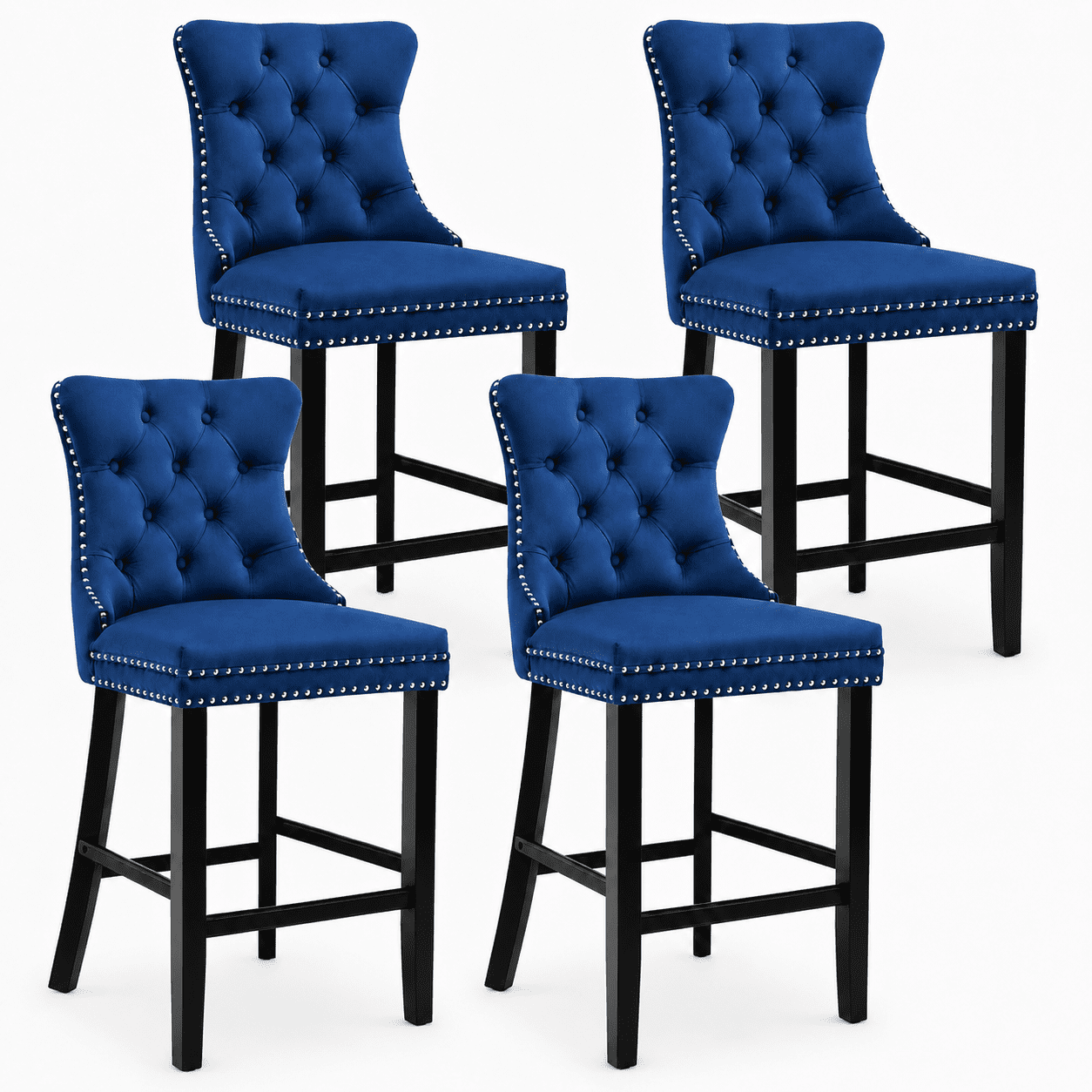 Bar Stools Set of 4, PAPROOS Velvet Bar Stool with Back, Solid Wood Frame & Nailhead Trim, Counter Height Bar Chair Button Tufted Upholstered Seat, Full Back Bar Stools, Blue