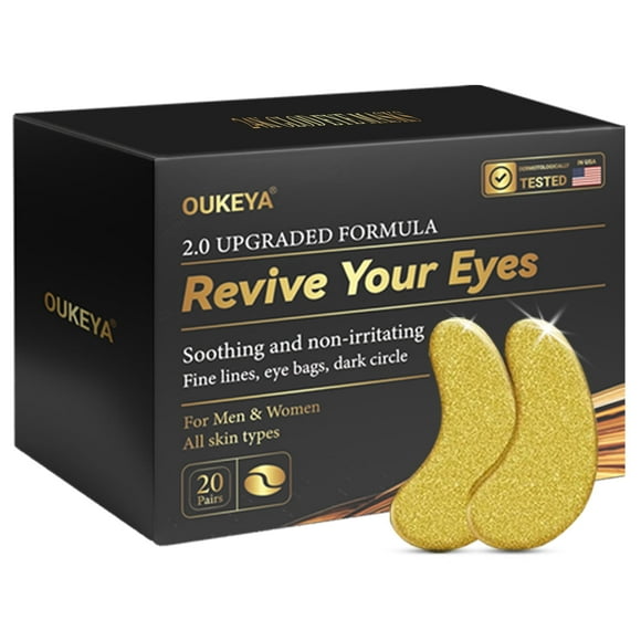 OUKEYA 24K Gold Eye Mask 20pcs, Under Eye Patches for Dark Circles Puffiness Wrinkles, Anti Aging Hydrating Eye Skin Care