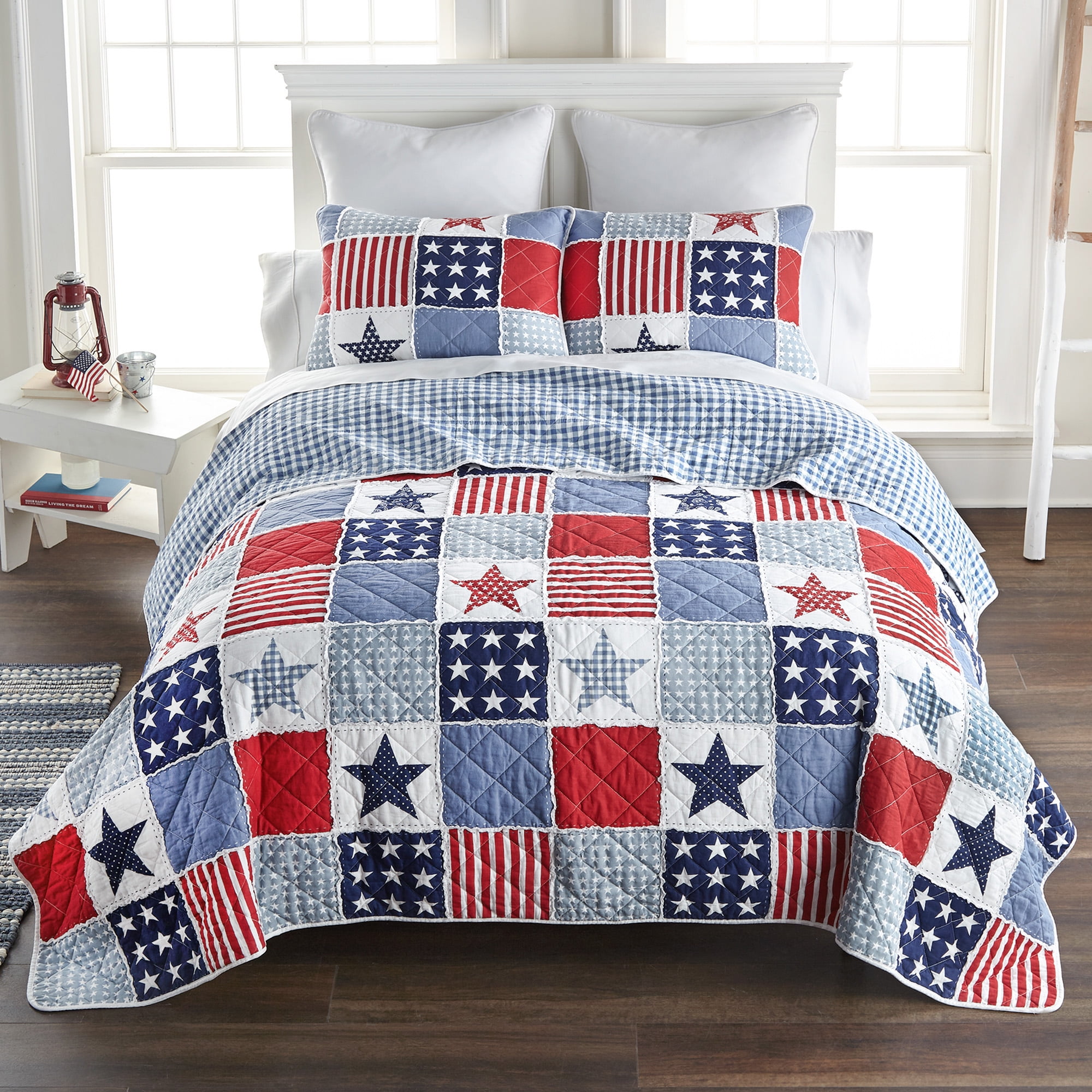 Donna Sharp Americana Star & Stripe 2PC Ragged Pieced Cotton Twin Quilt Set