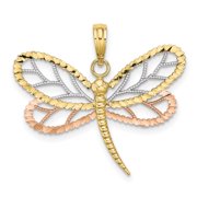 Carat In Karats 10K Two-Tone Gold Dragonfly With Beaded Diamond-Cut Wings Charm (20.6mm x 28.2mm)