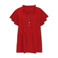 thumbnail image 2 of Olyvenn Fashion Womens Eyelet Tops Dressy Casual Ruffle Cap Sleeve Button V Neck Blouses Business Work Shirts Tee Summer Outfits Red L, 2 of 8