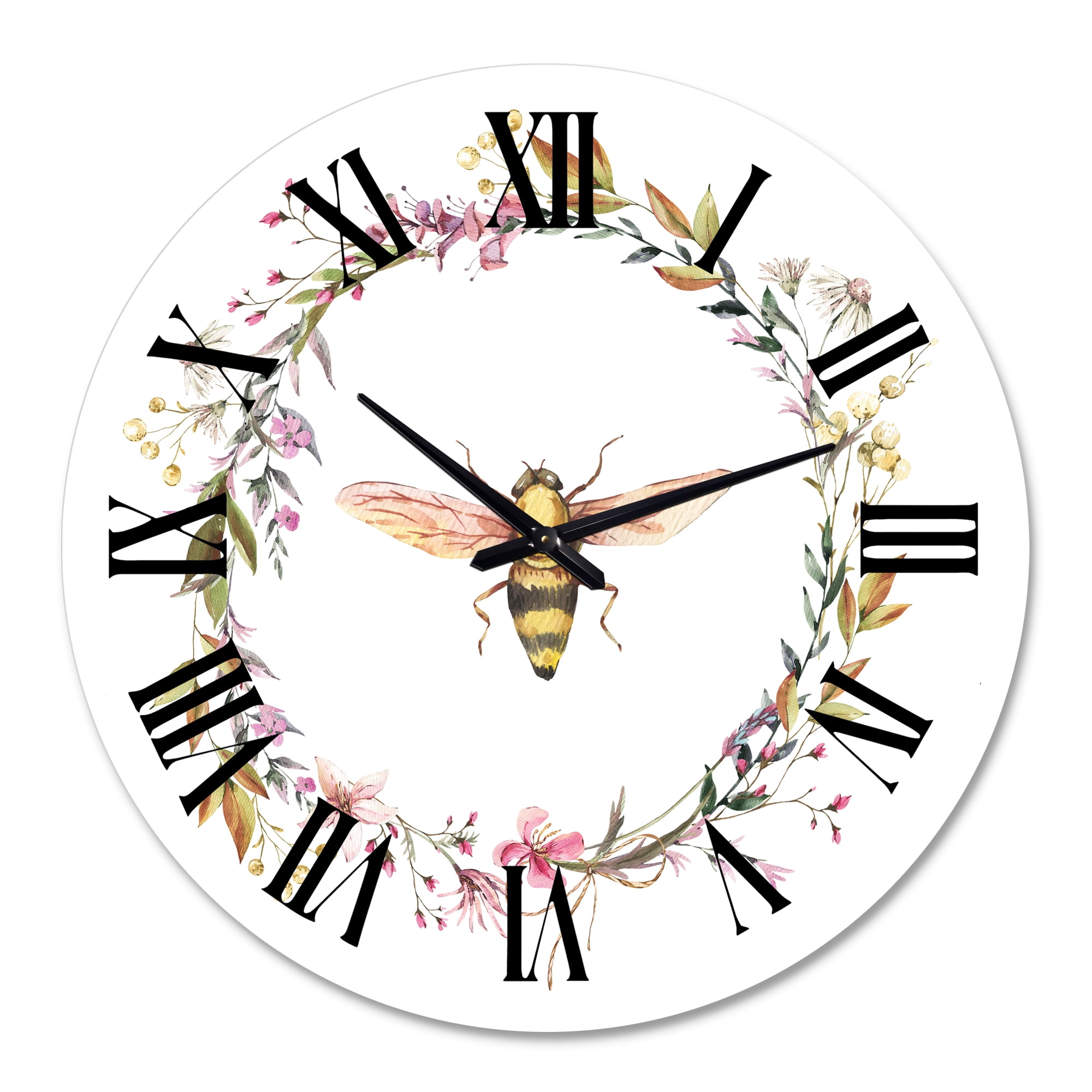 Designart 'Bee In Wildflowers Wreath' Farmhouse Wall Clock