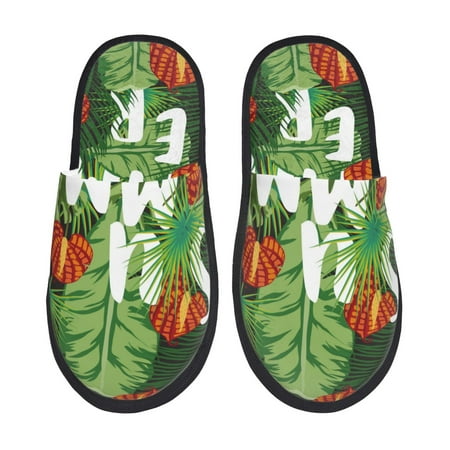 

Fuzoiu Palm Leaves And Tropical Flowers Print Unisex Furry Slippers Plush Indoor Shoes Trendy House Slippers Anti-Skid EVA Sole House Shoes for Home Office and Travel -Medium