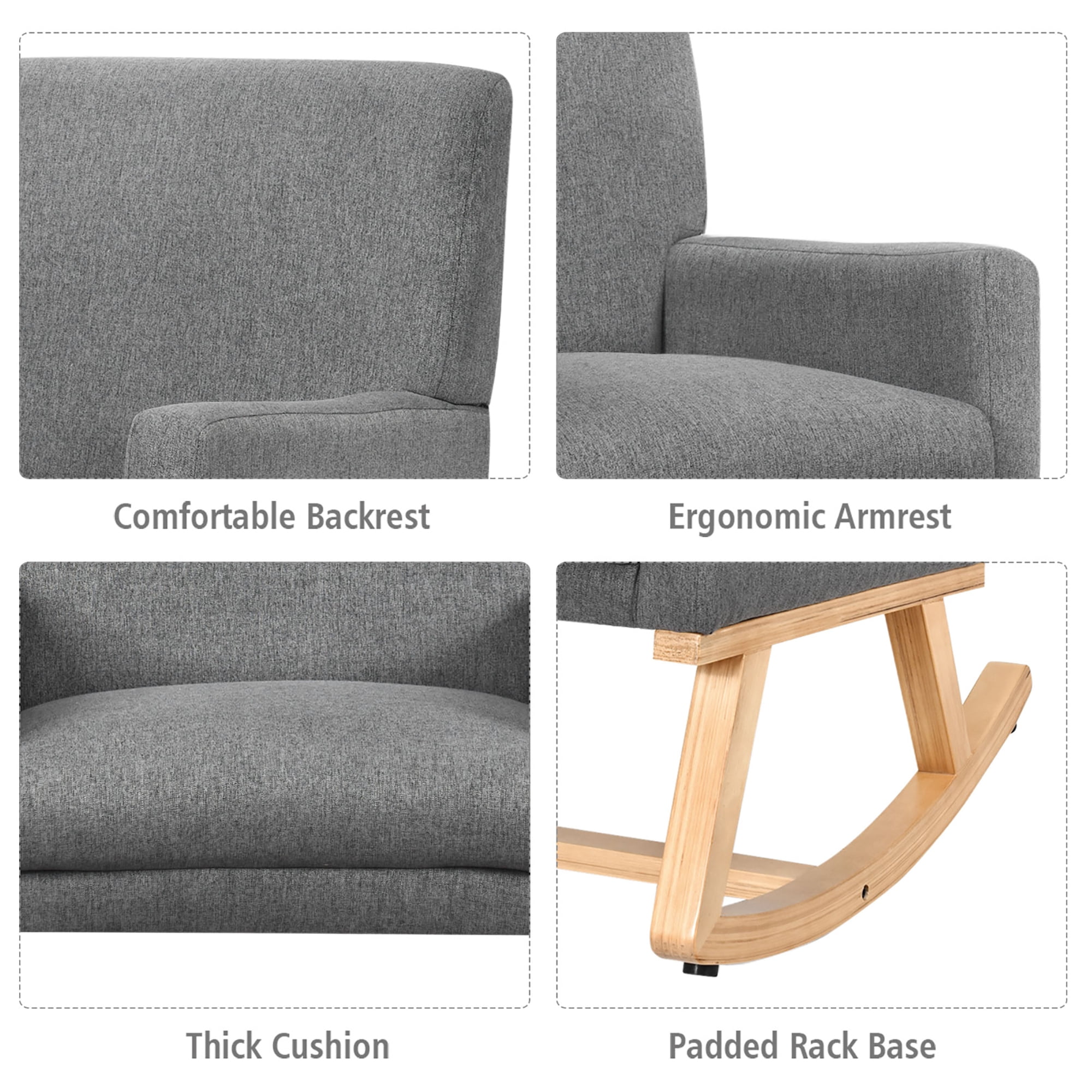 Costway Fabric Rocking Chair Upholstered Mid Century Accent Armchair Gray