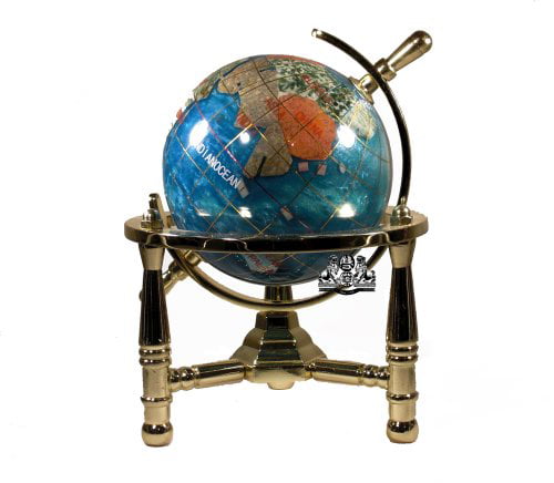 Unique Art 6-Inch Mini Bahama Blue Pearl Gemstone World Globe with Gold Tripod 