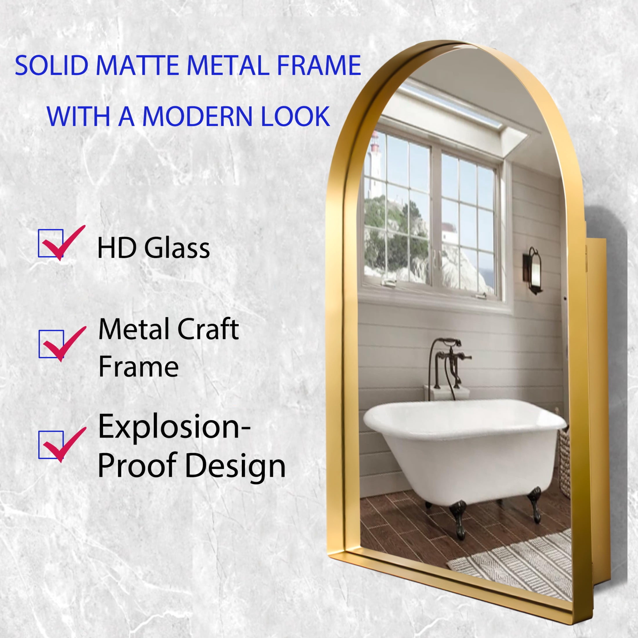 Noble House Arched Medicine Cabinet with Mirror, Recessed or Surface Mount, Adjustable Shelves, Matte Gold