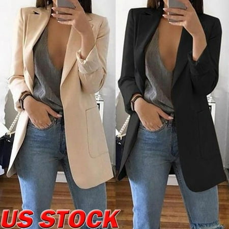 Ladies Lined Gray Blazer Jacket - Women Slim Casual Blazer Jacket Top Outwear Long Sleeve Career Formal Long Coat