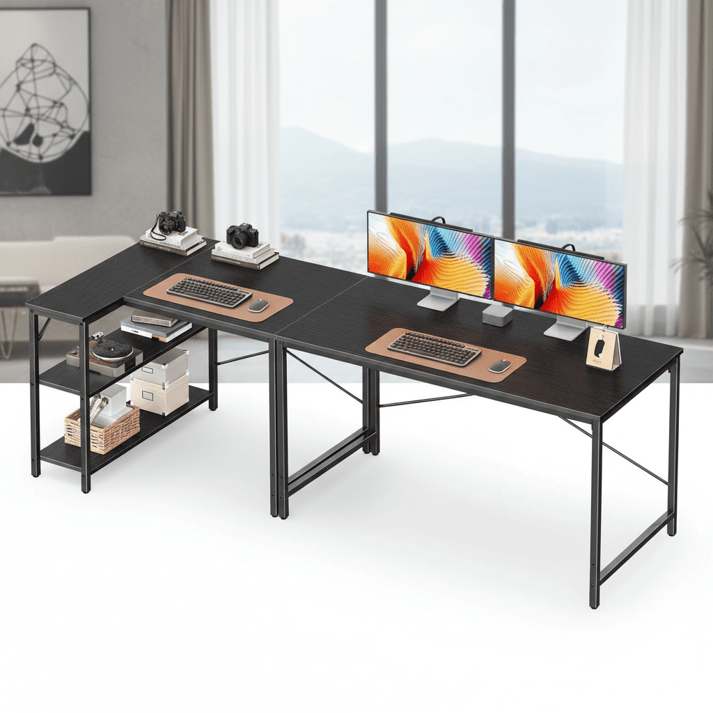 CONCETTA 47 inch L Shaped Desk with Reversible Storage Shelves, 154 lbs Capacity Computer Corner Desk for Home Office, Gaming & Writing, Black