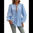 thumbnail image 2 of Blusa Babydoll con Lazo Frontal para Mujer, Larga, Rayas, Peplum, Volantes, Encaje. Azul L, 2 of 7