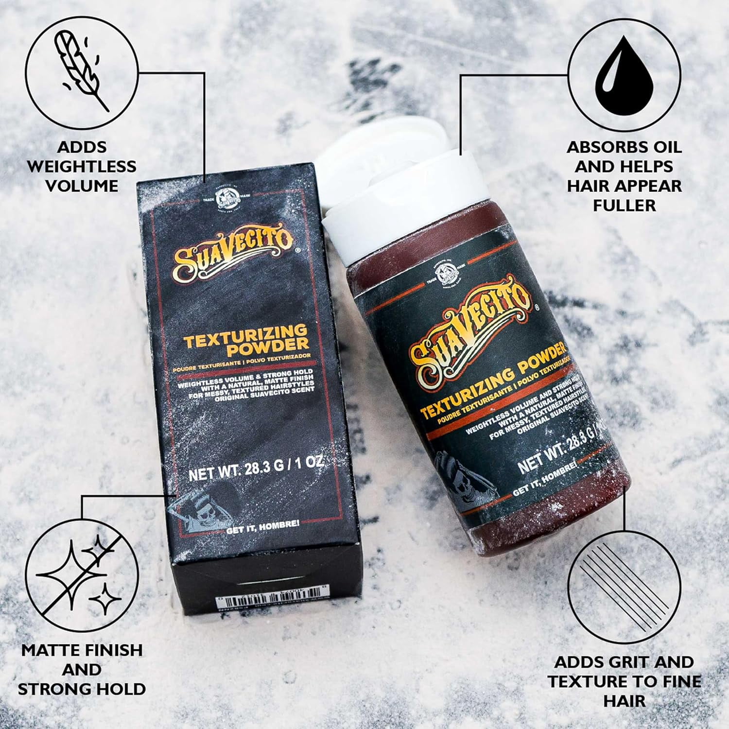 Suavecito Texturizing and Volumizing Hair Styling Powder with Shine Free Matte Finish and Strong Hold - No Mess, Oil Absorbing, Long Lasting - 1 oz
