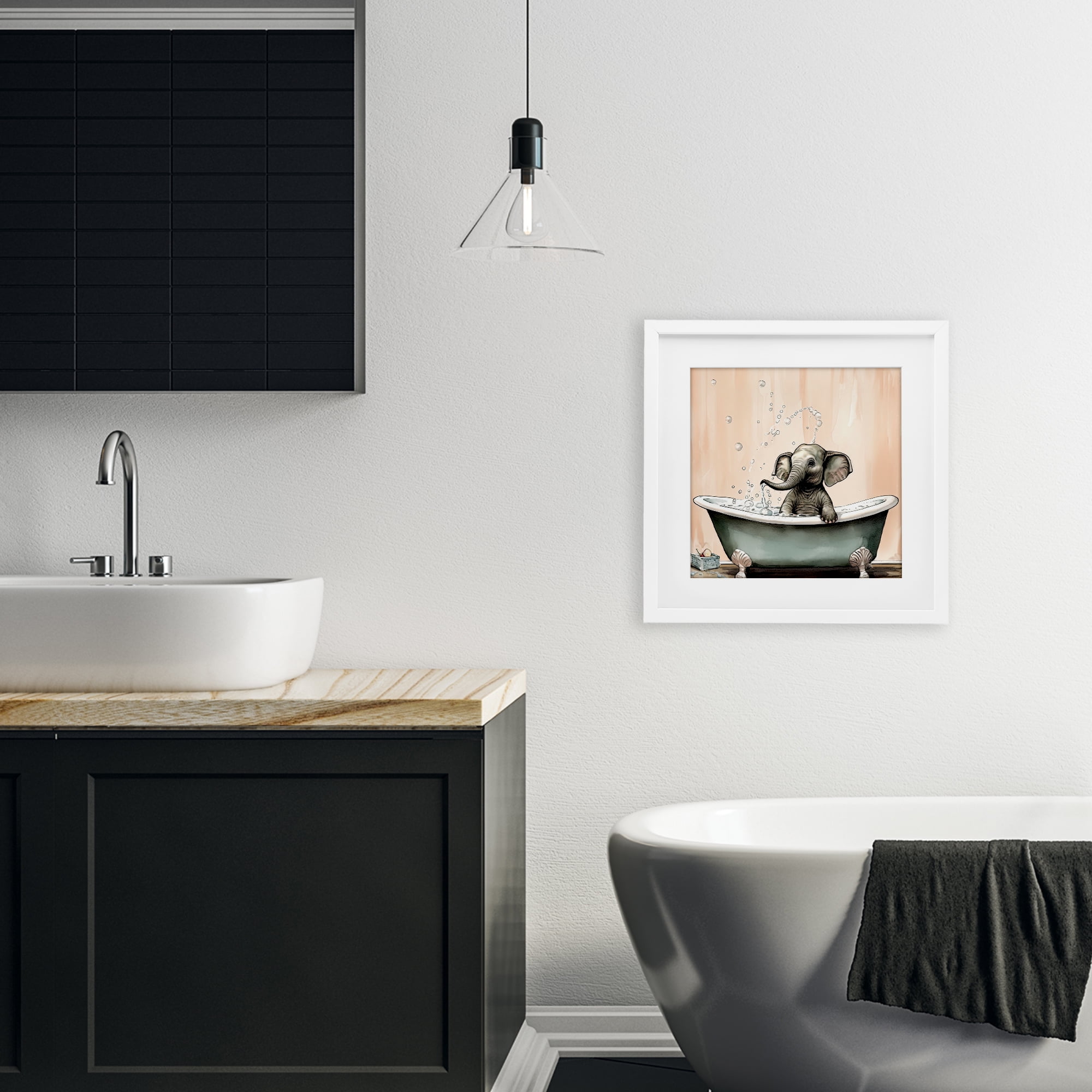 Baby Elephant Bubble Bath White Framed Print Under Glass, design by Sasha