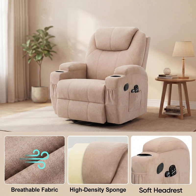 Vineego Massage Swivel Rocker Recliner with PU Leather Fabric Small Spaces Lounge Chair with Two Cup Holder for Bed Room,Linen Beige