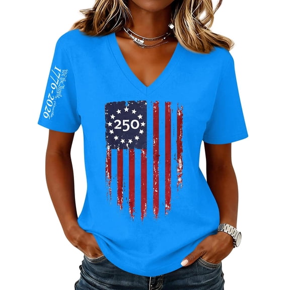 Iaqnaocc 250th Anniversary Tops for Women Trendy 250 Anniversary Usa Flag 4th Of July Outfits for Women Independence Day USA Flag V Neck Festival Short Sleeve Outfits Light Blue XXXL