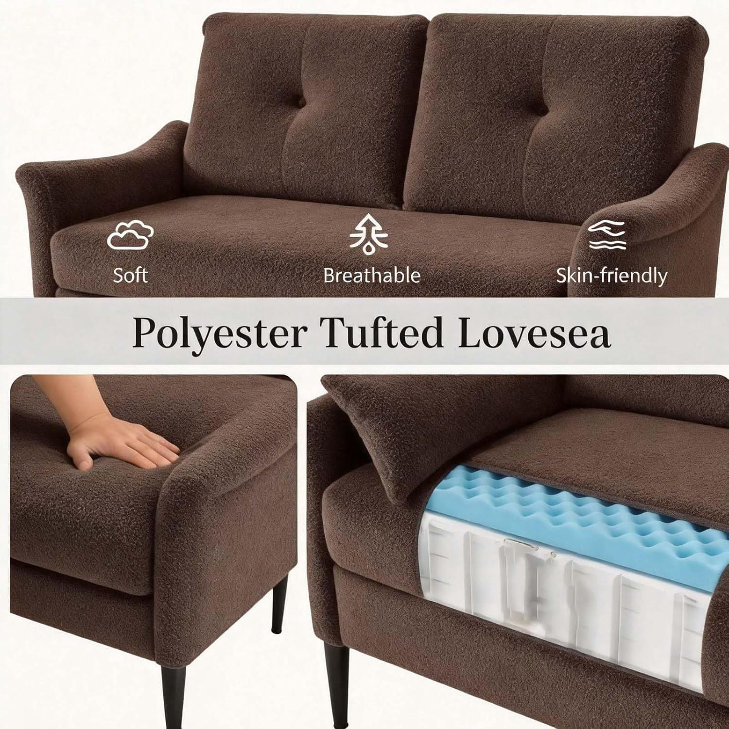 MOONMISS 56.3" Modern Loveseat Sofa, Upholstered 2-Seater Couch with Tufted Back, Sofa Chair with Plastic Legs,Mid-Century Small Space Sofa for Living Room,Bedroom,Apartment,Dark Brown