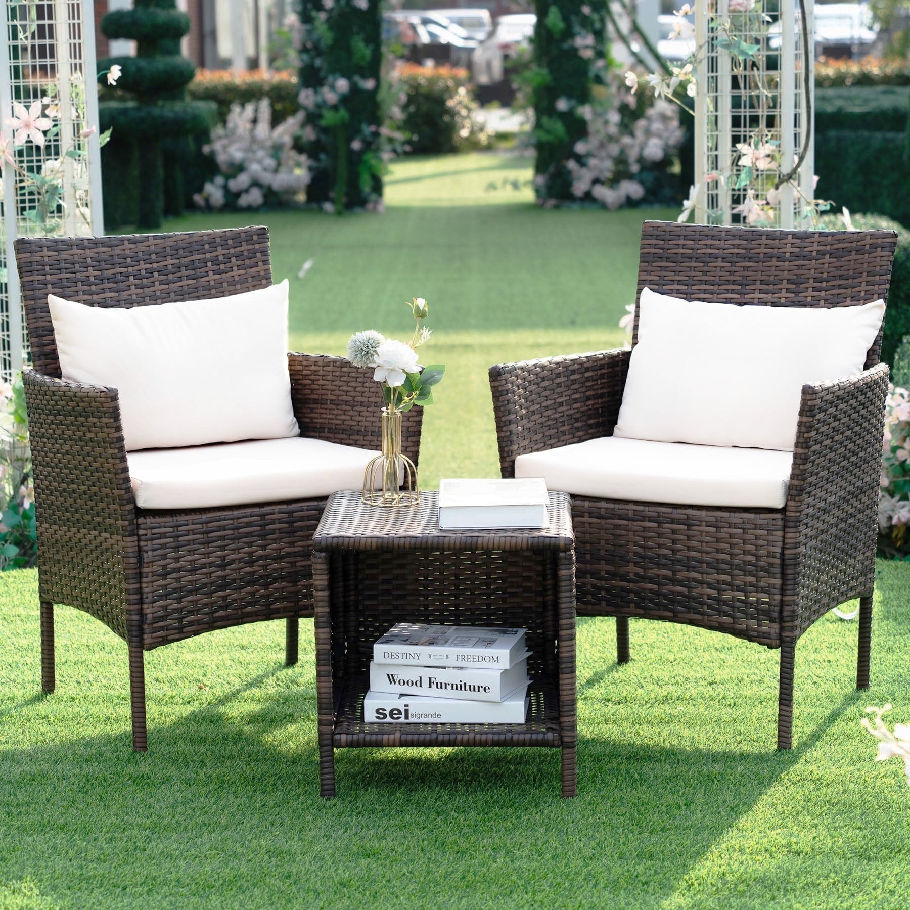 Tappio 3 Piece Patio Conversation Bistro Set Outdoor Chat Furniture, Porch Balcony Furniture Set,Wicker Chairs and Storable Table Set for Patio Balcony Backyard Apartment,Brown/Beige