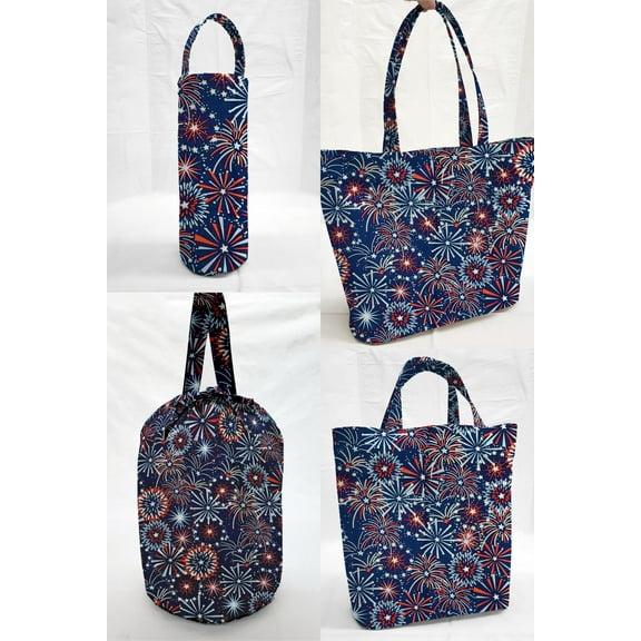 Americana Reusable Fabric Gift Bags and/or Tote Bags (Drawstring Tote)(Fireworks)