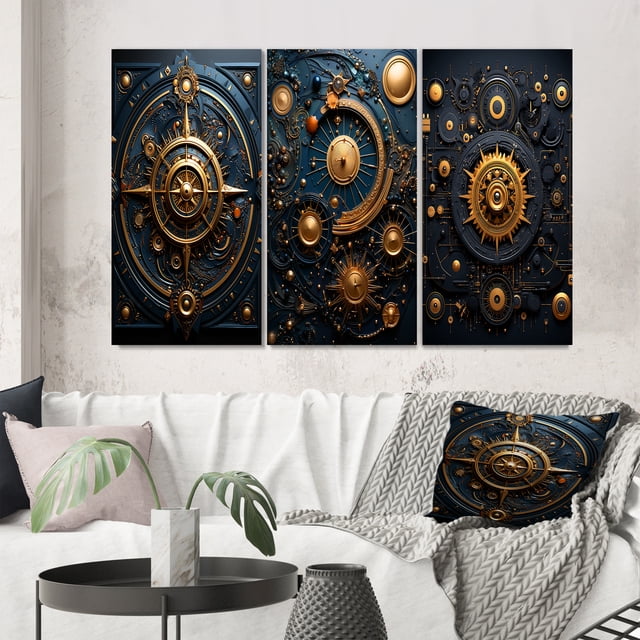 Designart "Gold and Blue Ancient Compass Geometry VI" Modern Geometric Wall Art Set Of 3 - Gold Abstract Gallery Wall Set For Home Decor