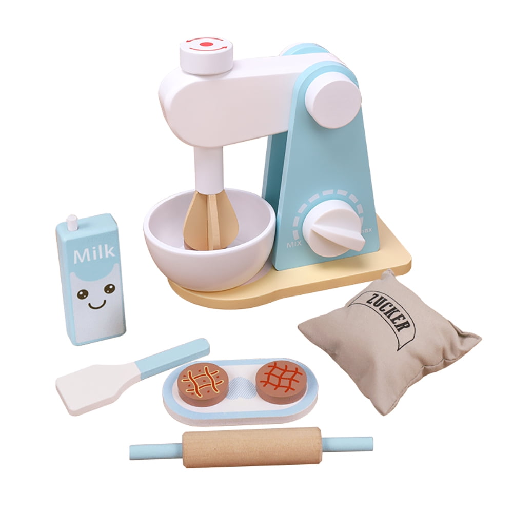Wooden Kitchen Mixer Set 9 Pieces Kids BakeCookie Blender Toy Pretend Play Kitchen Toys