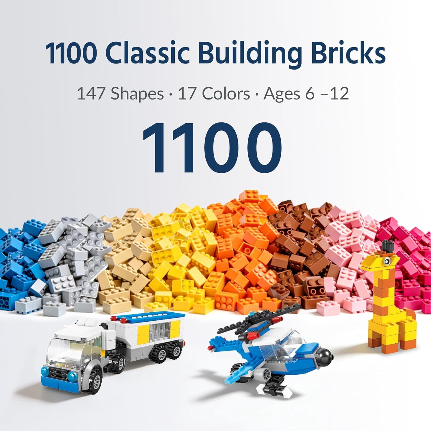 Fun Little Toys 1100 PCS Classic Building Bricks Set, 147 Shapes 17 Colors Creative Bulk Blocks for Party Favors & Classroom Prizes, Birthday Gifts