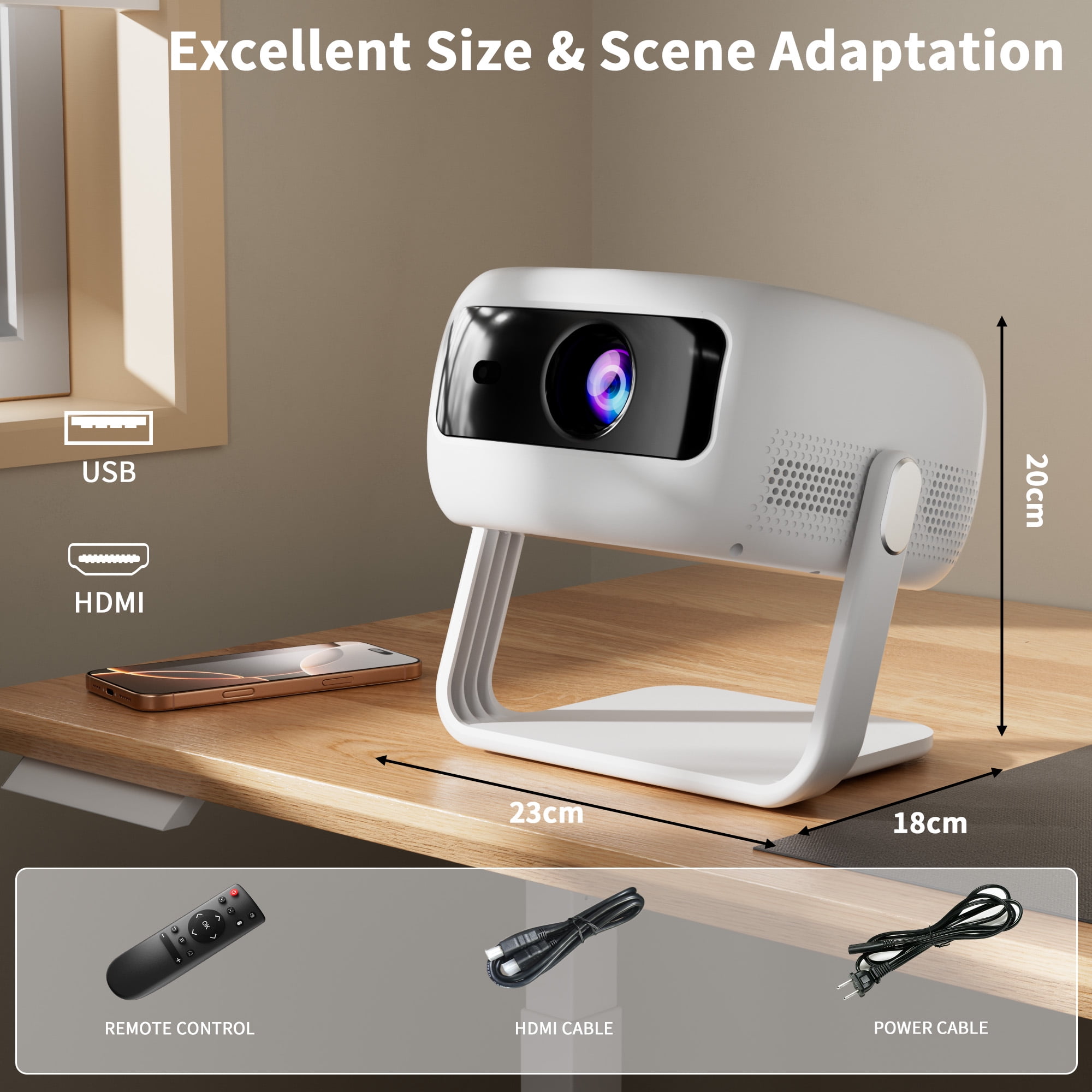 Visulapex Projector 4K 1080P Outdoor Projector with WiFi and Bluetooth, 360° Rotatable Portable Movie Projection for Phone
