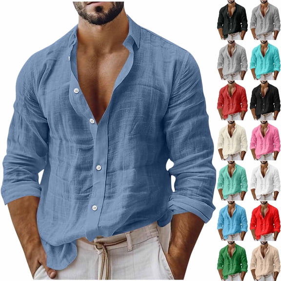 BiZtdJrK Men's Cotton Linen Shirts Long Sleeve Button Down Shirt Fashion Beach Hippie Tops Lapel Breathable Gauze Shirts Green S