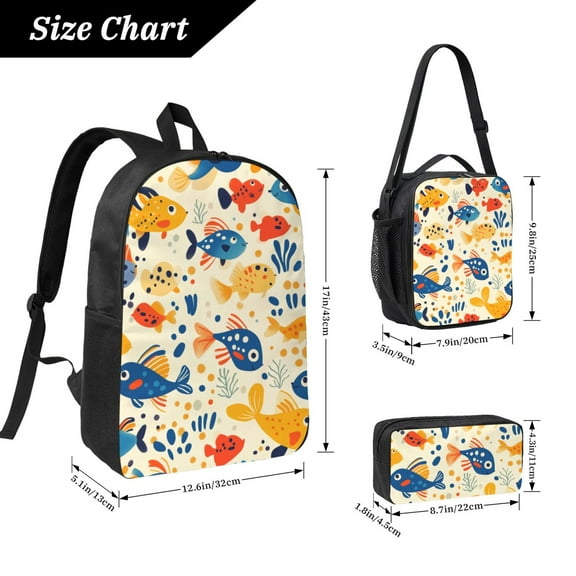 FishPattern Backpack 17 Inch Set with Lunch Bag and CaseDurableTravel Bag Combo for Work Commuting Daily Use