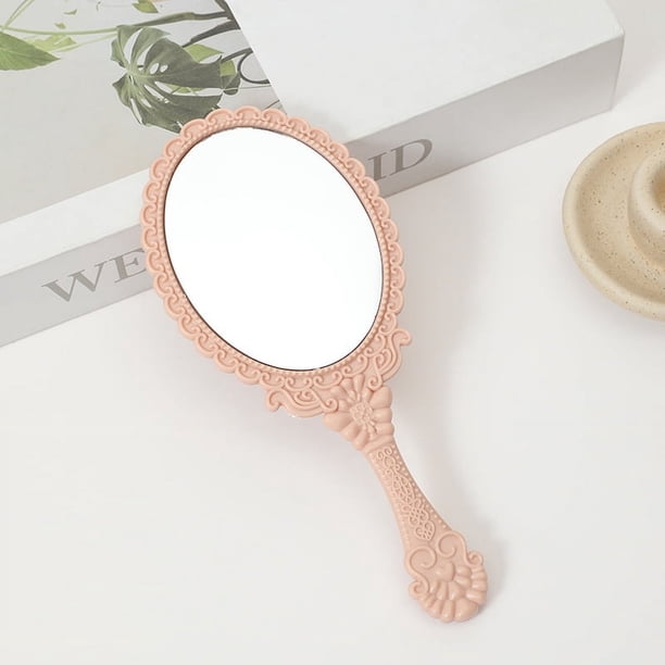 Espejo de maquillaje de mano con encaje europeo, pequeño espejo portátil con mango de plástico pequeño