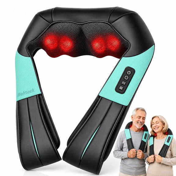 Nekteck Neck Massager with Heat, Shiatsu Back Massager for Pain Relief Deep Tissue, Shoulder Kneading Massage Pillow, Body Muscle Relaxation Tools Gifts for Mom/Grandma/Dad/Grandpa,Blue-NOT Cordless