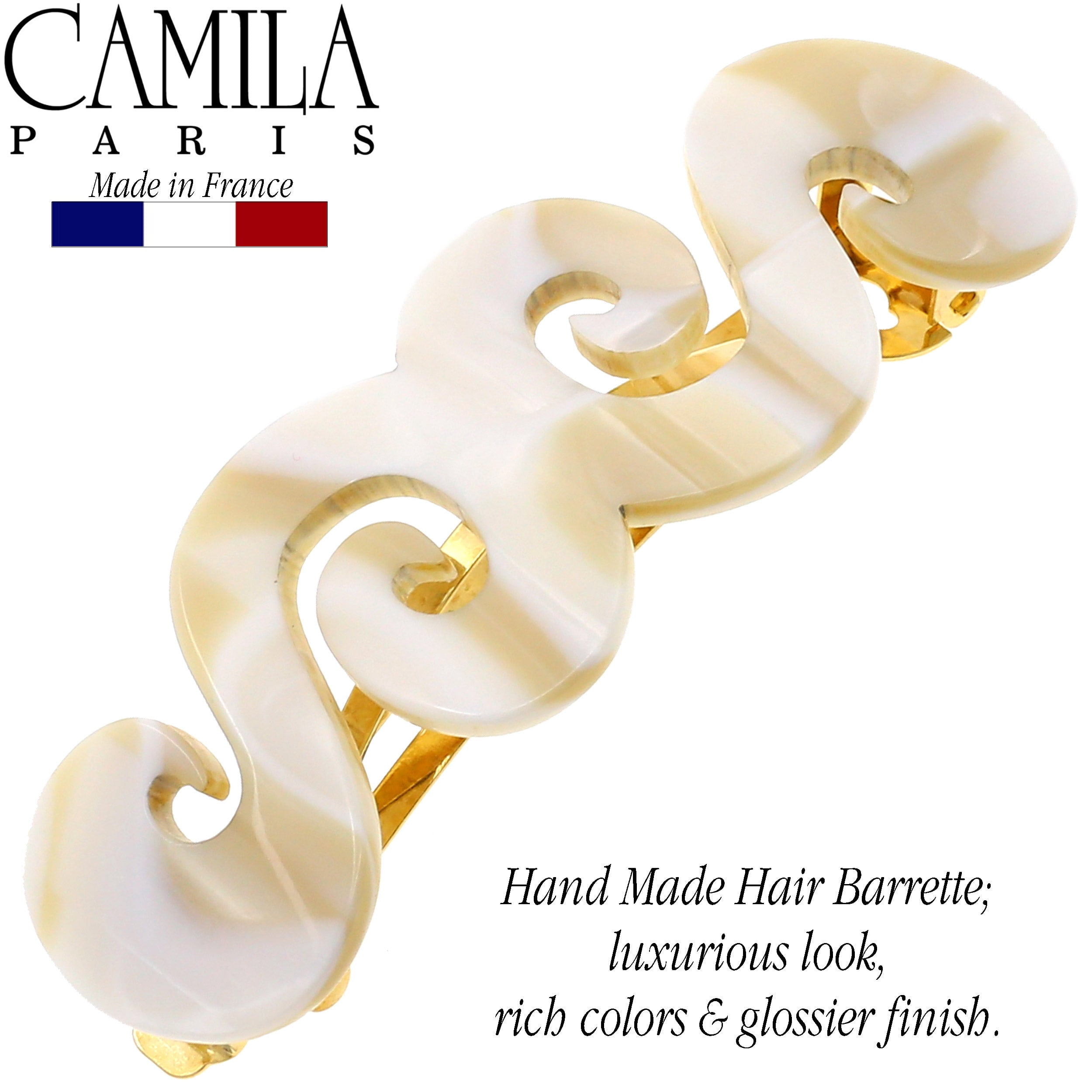 Camila Paris CP3169 French Hair Barrette Clip for Girls, Handmade, White, Gold Metal Clasp Strong Hold Grip Hair Clips for Women, No Slip and Durable Styling Girls Hair Accessories, Made in France