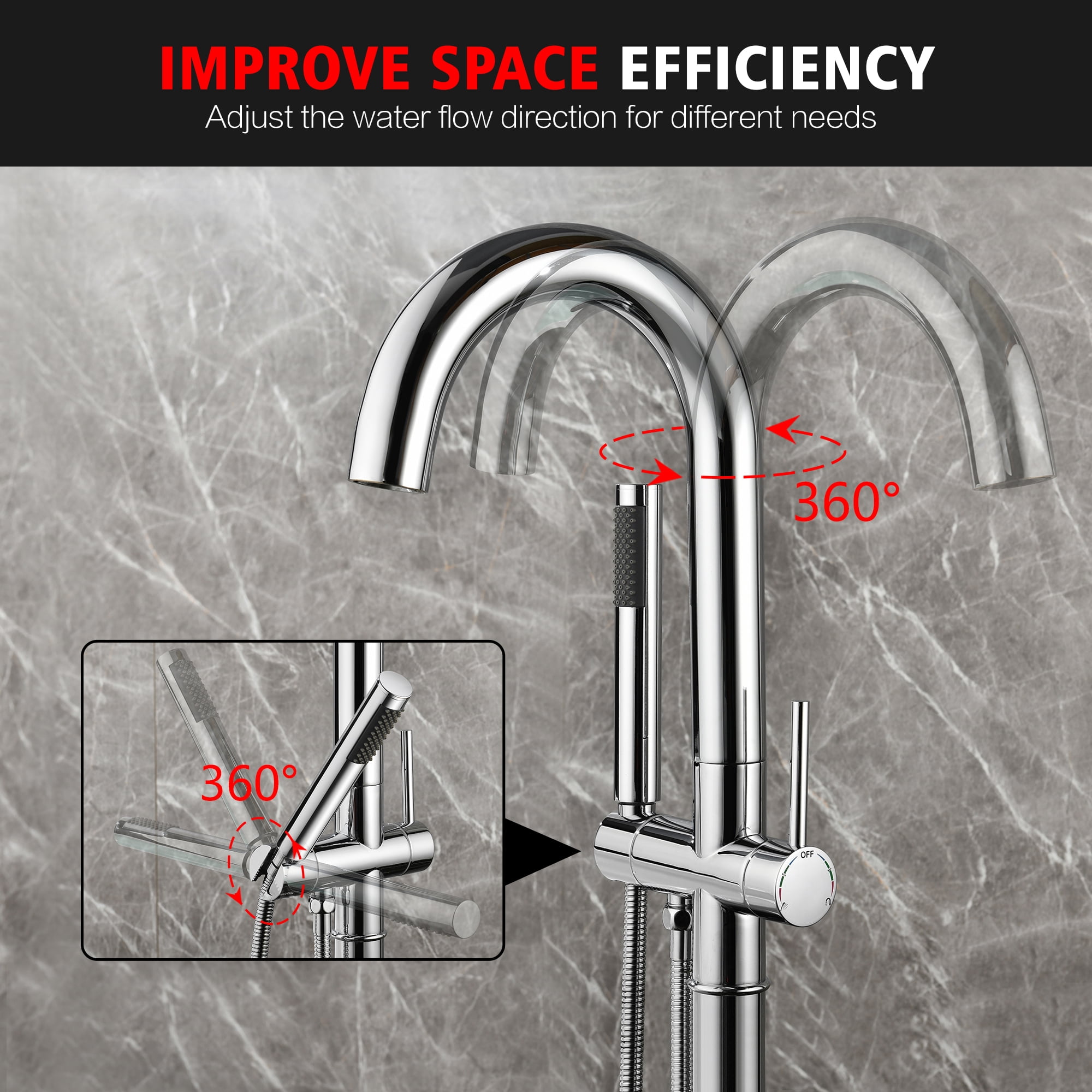 sumerain Brass Freestanding Bathtub Faucet with Handheld Shower, High Flow Floor Mounted Tub Filler Faucet with Swivel Spout Chrome
