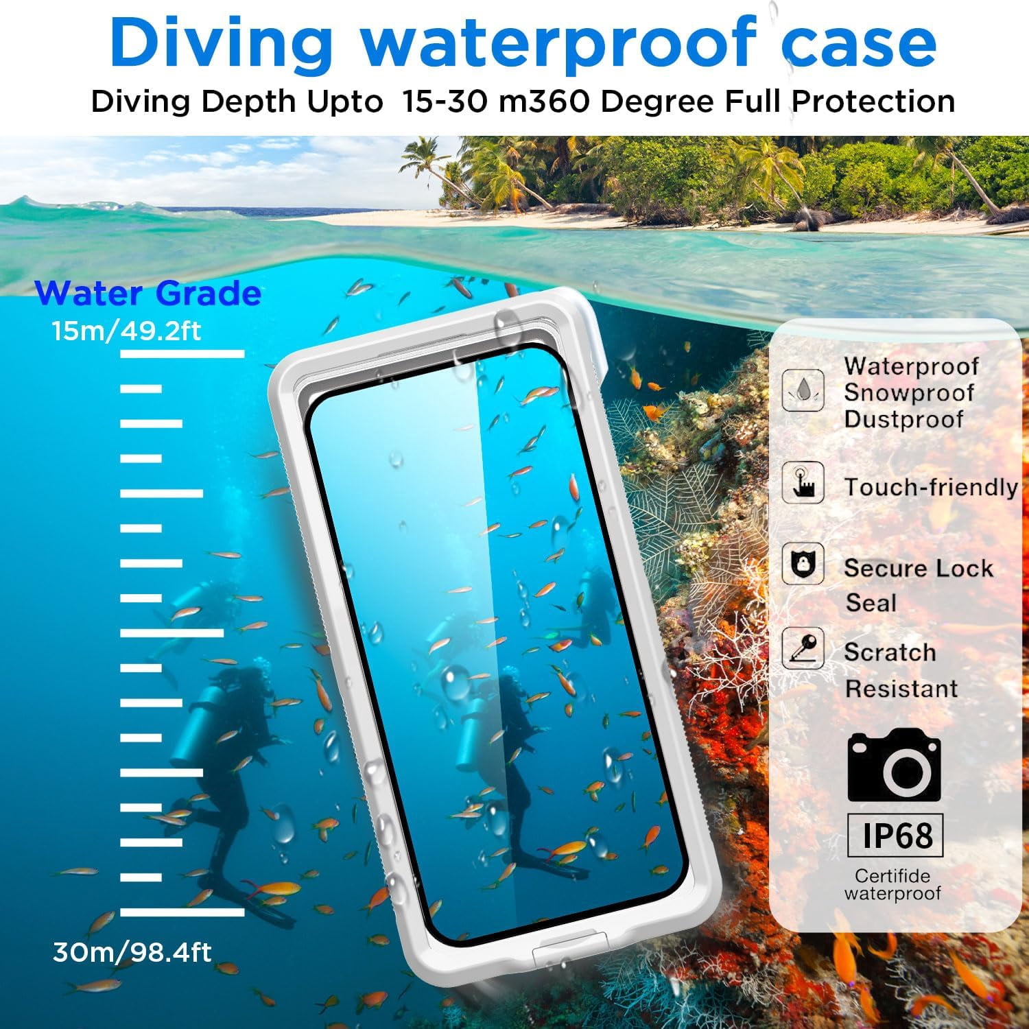 KOMI Waterproof Phone Case,Universal Self-Check Function Underwater Pouch Dry Bag Beach Travel Essentials Tech Gadgets for iPhone 15 14 13 11 12/Samsung S24/LG,Google/Xiaomi/Motorola_White