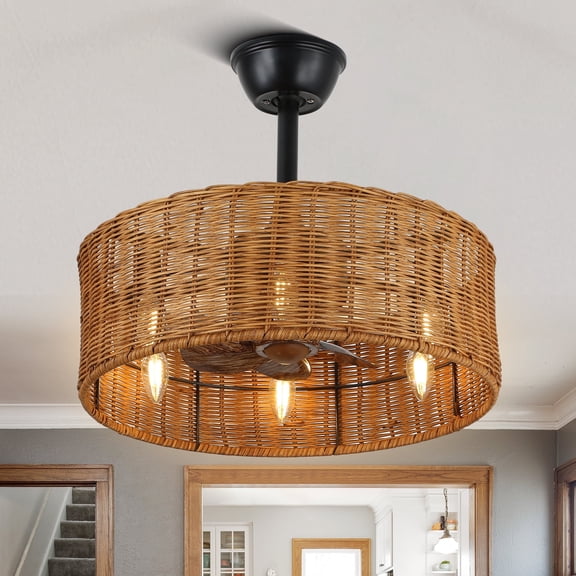 18" Bohemia Rattan Ceiling Fan with Light and Remote Control 6-speed Reversible DC Motor Farmhouse Chandelier for Bedroom