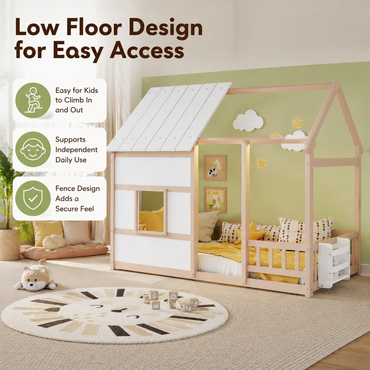 Miniyam Montessori Floor Bed with Roof and Guardrails, Kids House Bed Frame with LED Lights and Bookshelf, Natural Wood & White