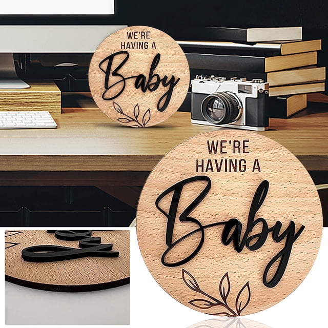 Xihbxyly Letrero "Estamos Esperando Un Bebé", Madera de Abedul de 5,91", Diseño Circular Moderno, Decoración Llamativa para El Hogar, Accesorio para Anunciar El Embarazo, Fácil de Colgar, Tamaño 30 C