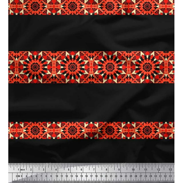 Soimoi Polyester Crepe Fabric Stripe & Mandala Kaleidoscope Print Fabric by Yard 52 Inch Wide
